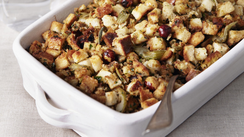 Large casserole dish of stuffing