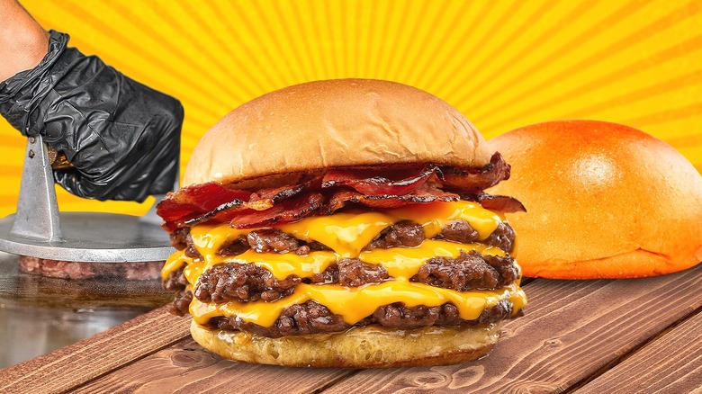 A smash burger on a bun with cheese