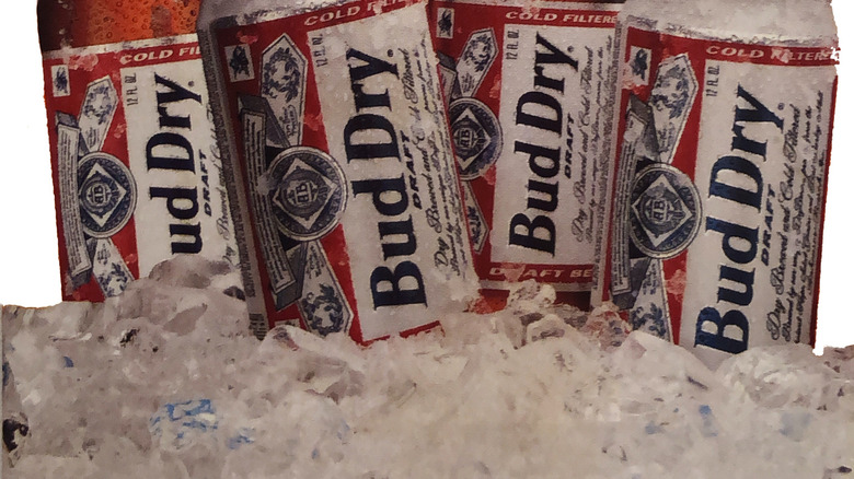 Bud dry beer bottles on ice.