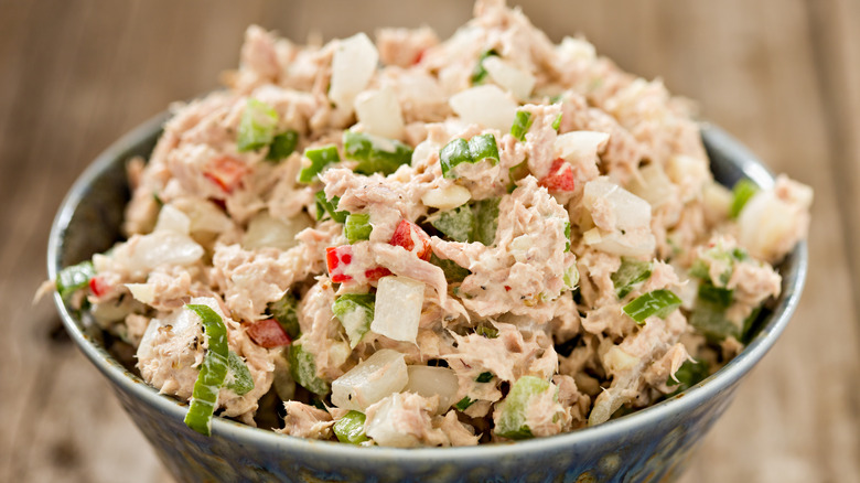 Tuna salad in blue bowl
