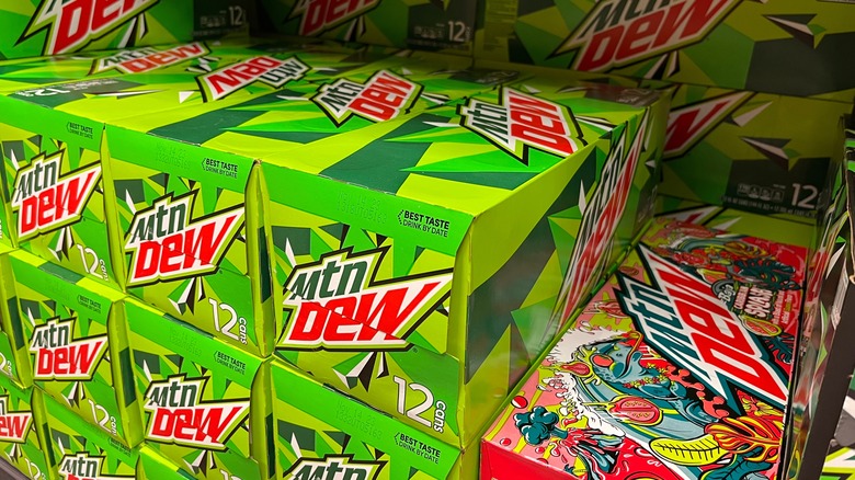 Stacked packs of Mountain Dew