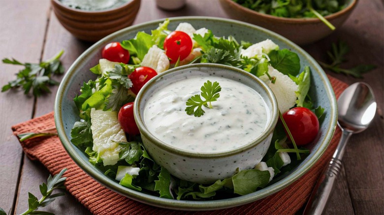 Salad with bowl of dressing