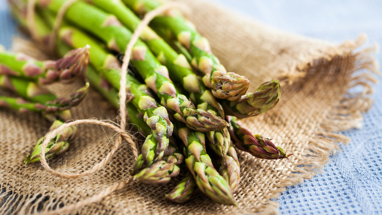 A bundle of asparagus on burlap
