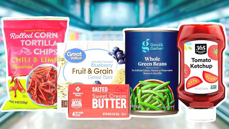 Generic grocery items gathered in row