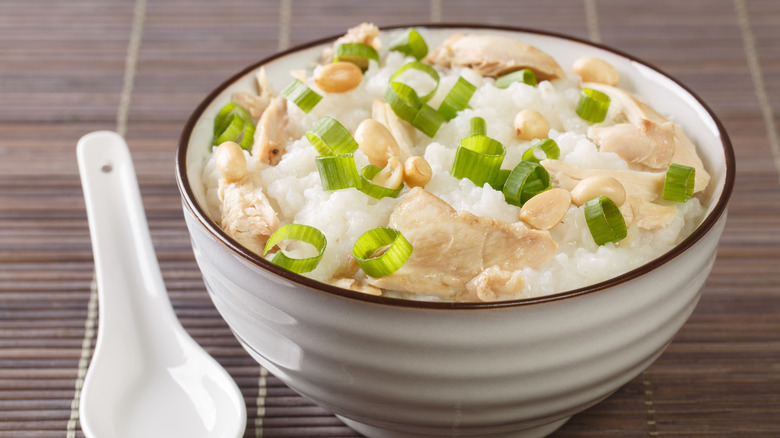 Chicken jook in white bowl