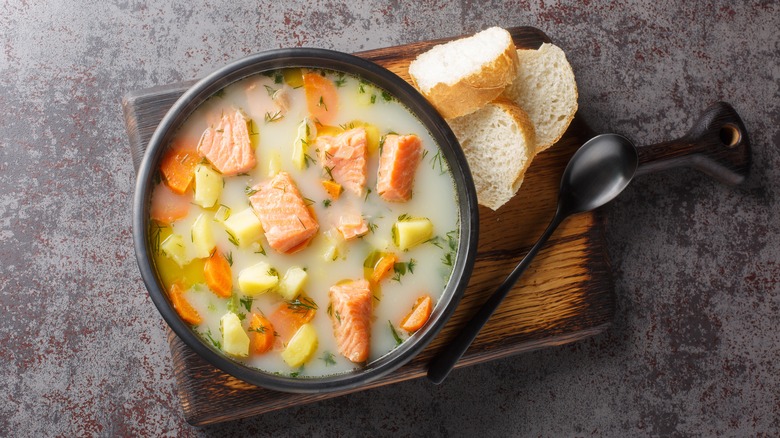 A bowl of lohikeitto, a salmon and potato soup