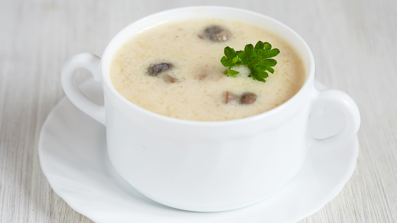 A bowl of potato and mushroom soup