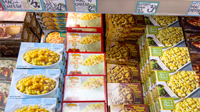 Boxes of Trader Joe's frozen mac and cheese