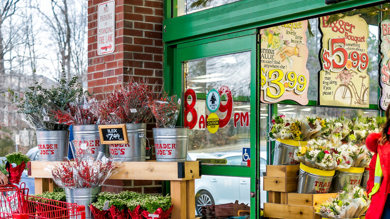 Trader Joe's entrance with flower displays