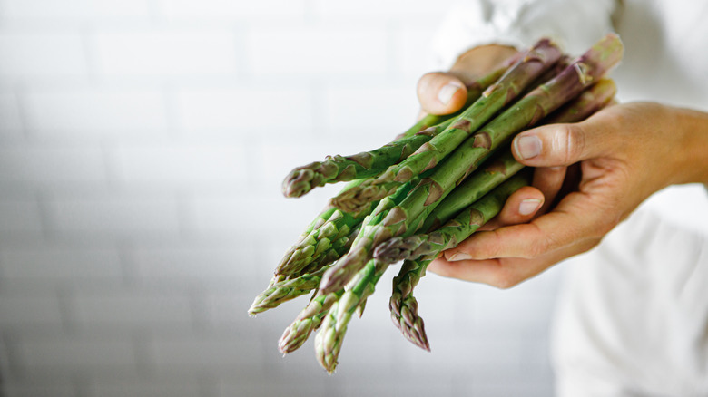 tan hands holding asparagus spears