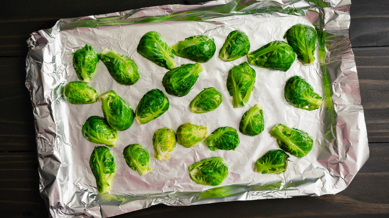 foil-lined pan with Brussels sprouts