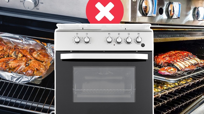 An oven surrounded by baked food in various ovens