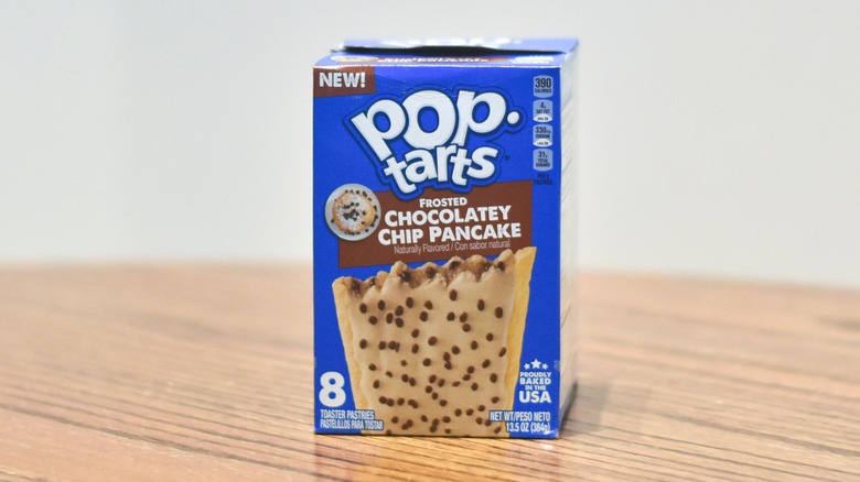 A box of Chocolatey Chip Pancake Pop-Tarts on a wooden table