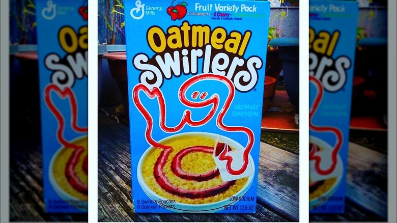 A box of General Mills Oatmeal Swirlers on a wooden table