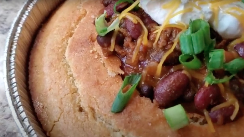 Chili in a cornbread bowl