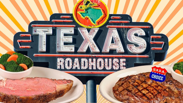 Texas Roadhouse sign and steaks