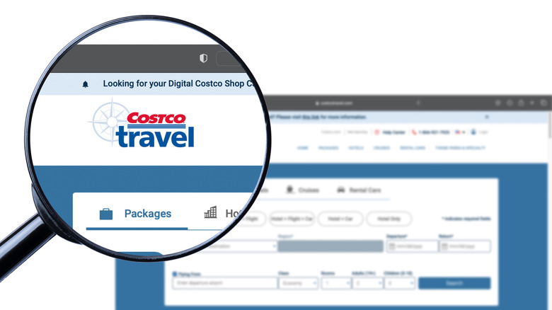 The Costco travel website with a magnifying glass over the logo