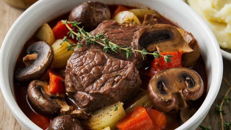 A white bowl of beef bourguignon with mushrooms, onions, carrots, and herb garnish