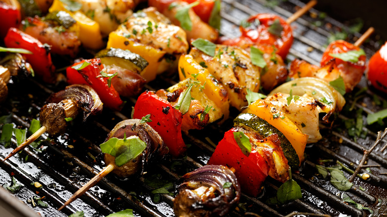 vegetable skewers lined up