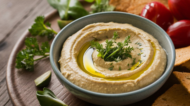 Bowl of homemade hummus with parsley on top