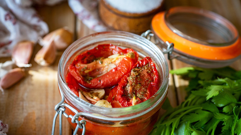 Sun dried tomatoes in a glass jar