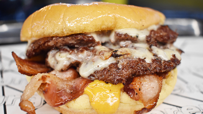 Close-up of a bacon cheeseburger