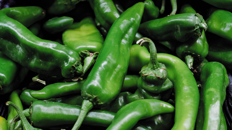 Green chile peppers in a pile