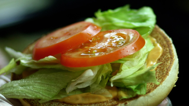 Lettuce and tomato on hamburger bun