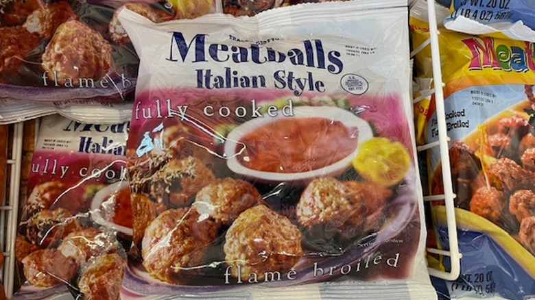 A bag of Trader Joe's Italian style meatballs in the store freezer case