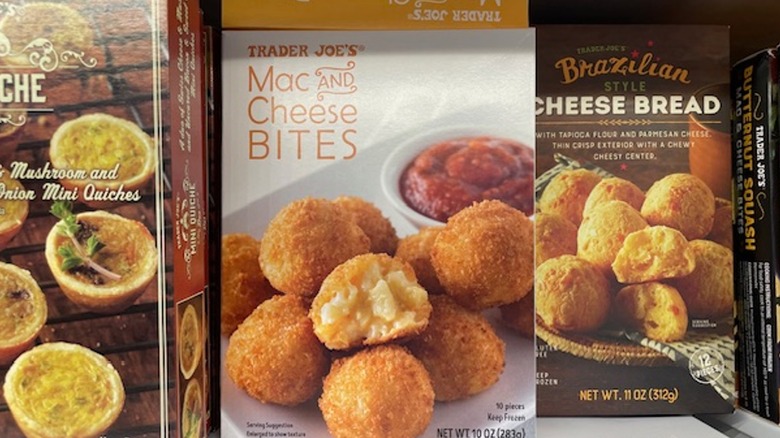 A box of Trader Joe's mac and cheese bites on the store shelf