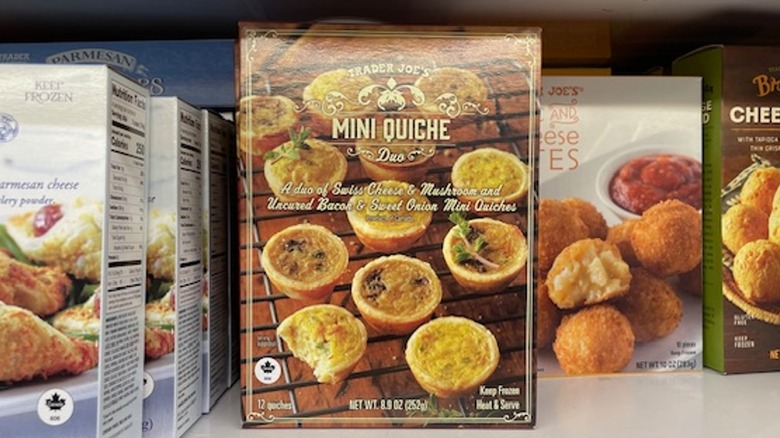 A box of Trader Joe's mini quiche on the store shelf