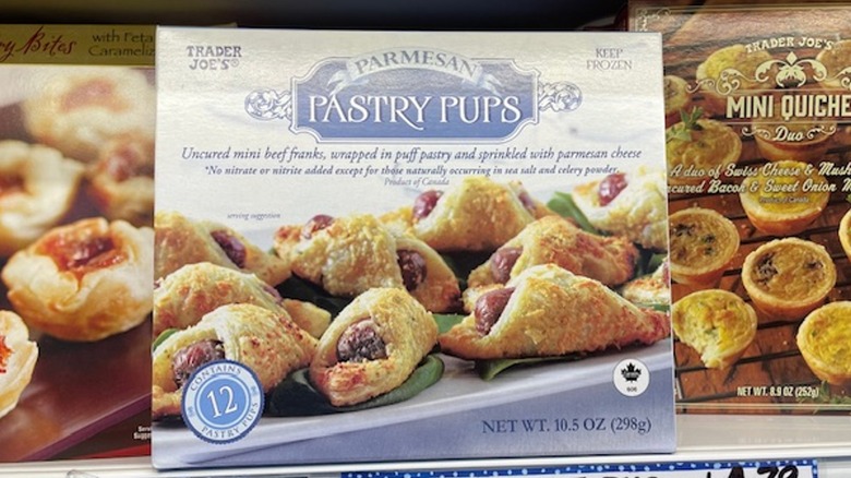 A box of Trader Joe's parmesan pastry pups on the store shelf