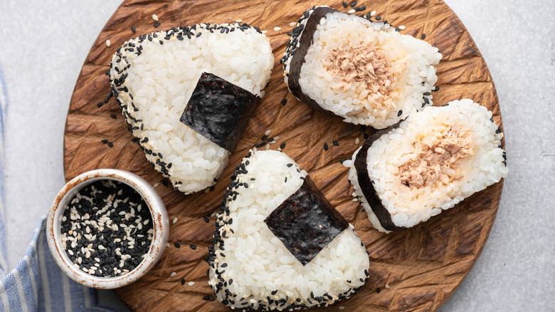 tuna mayo onigiri on wood