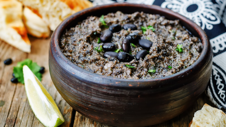 Black bean hummus wooden bowl