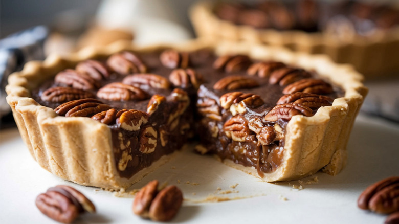 Closeup image of a pecan tart with a slice taken out of it