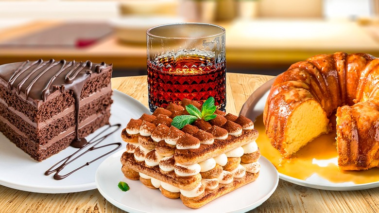 assorted pastries made with booze alongside glass of liquor