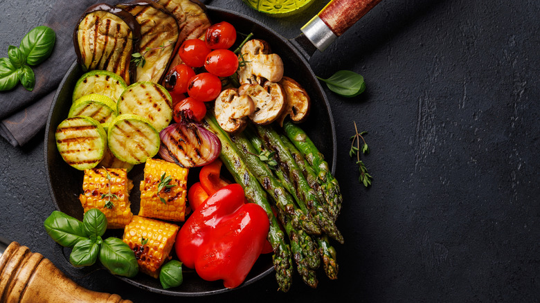 Assorted vegetables in a black pan