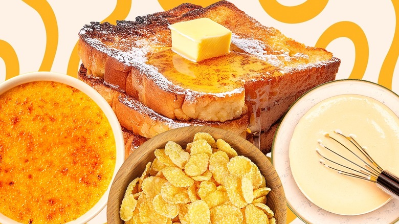 French toast with butter, creme brulee, cereal, and batter with whisk