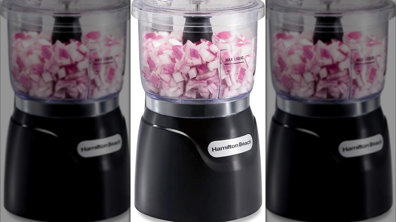 Hamilton Beach 3-Cup Stack & Press Food Chopper filled with diced onions