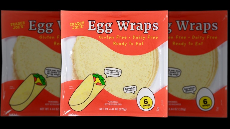 A package of Trader Joe's egg wraps on a black background