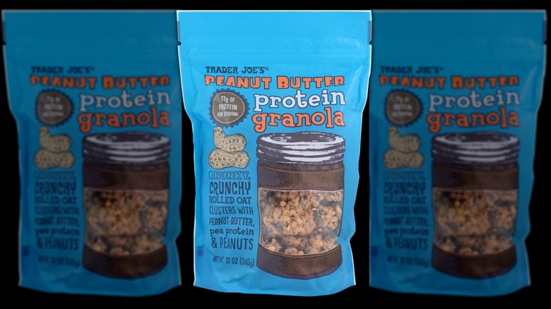 A bag of Trader Joe's peanut butter protein granola on a black background