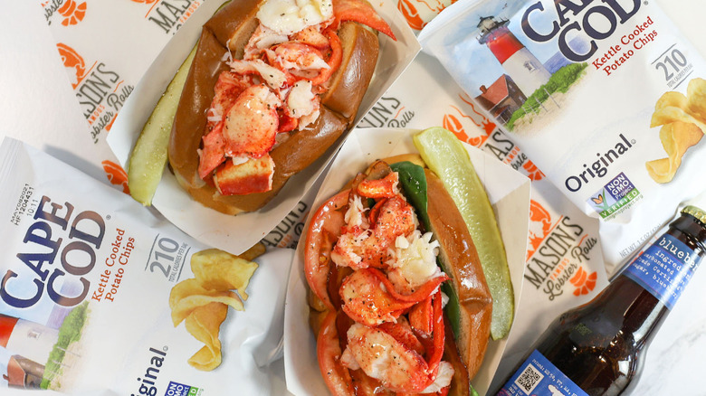 Close-up of lobster rolls from Mason's with Cape Cod potato chips