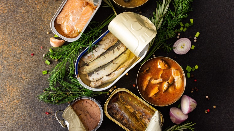 Various types of canned seafood