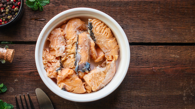 A plate of canned salmon