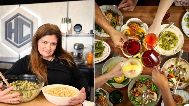 Alex Guarnaschelli holds bowls on the left, and a table of food at Hearth on the right