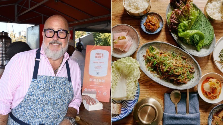 Andrew Zimmern on the left, and a table of food at Somaek on the right