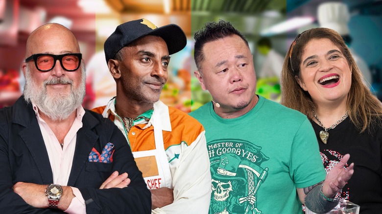 a collage photo featuring Andrew Zimmern, Marcus Samuelsson, Jet Tila, and Alex Guarnaschelli