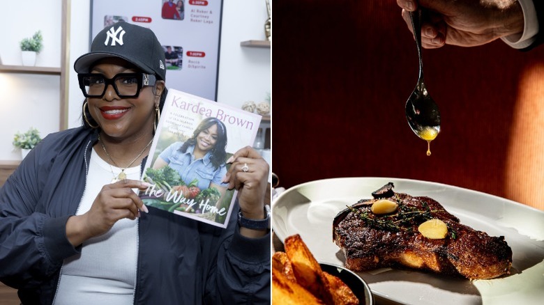 Kardea Brown holds a book on the left, and a close up of Marbled & Fin's steak on the right