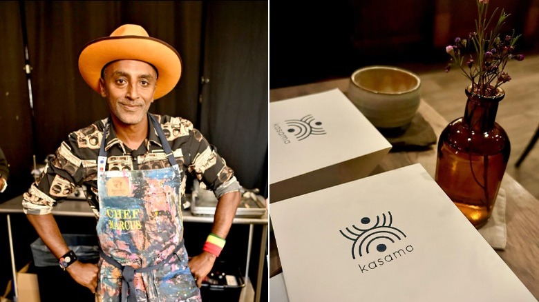 Marcus Samuelsson on the left, and Kasama menus on table on the right