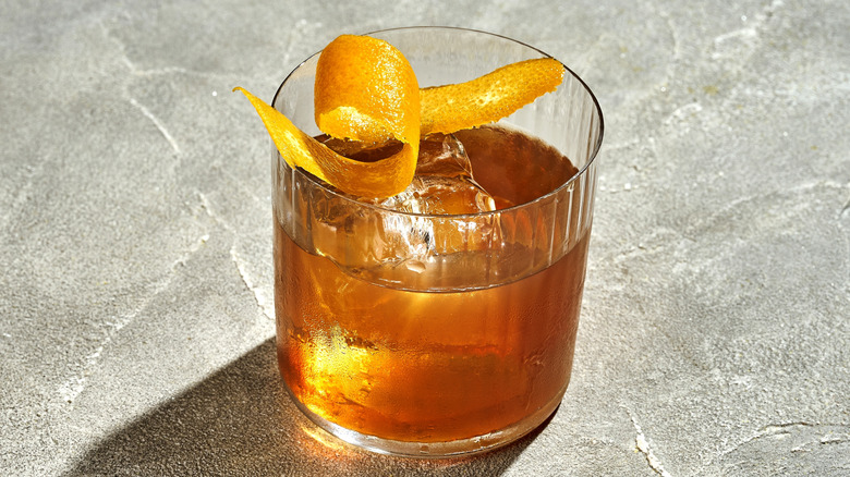 Old Fashioned whiskey cocktail in an etched glass